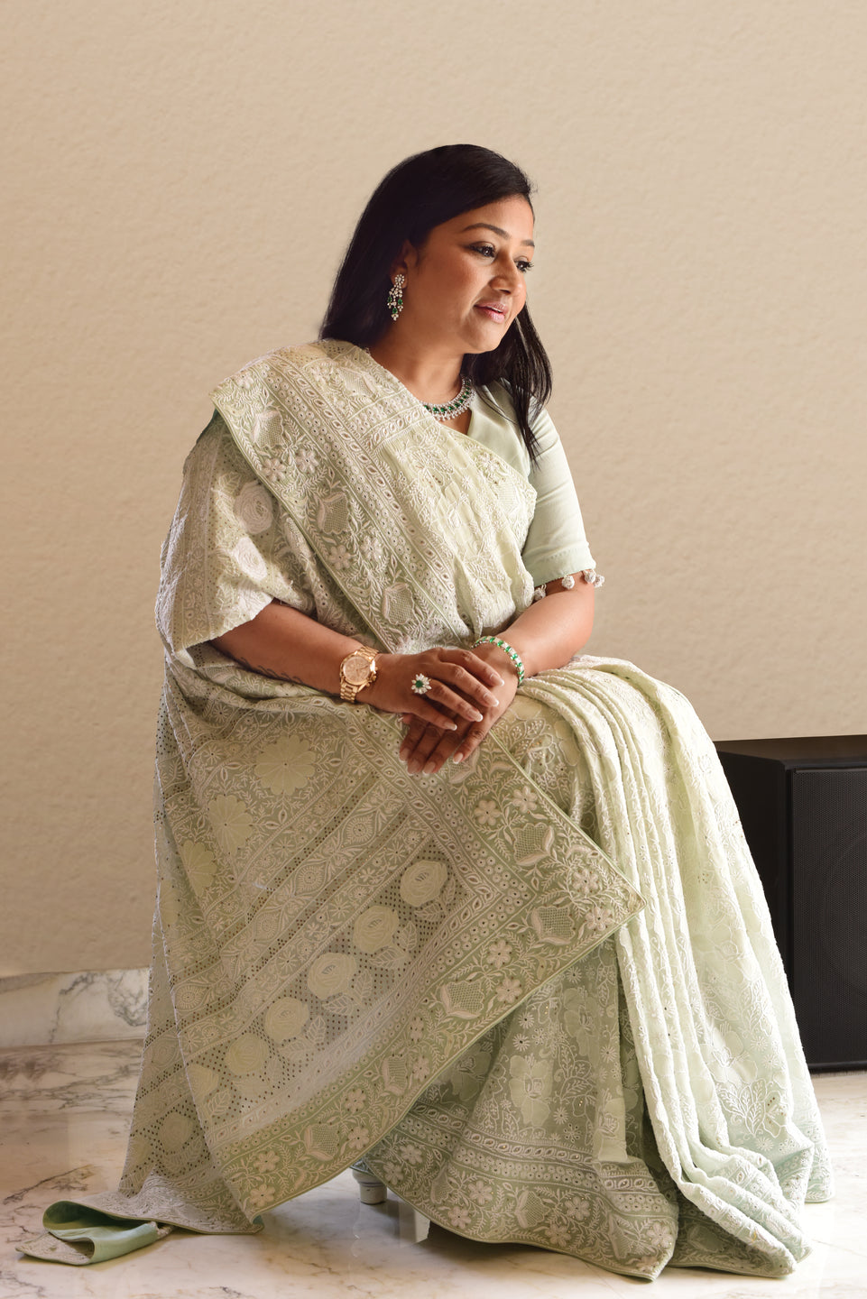 Dolly Jain in do-taar pastel chikankari saree