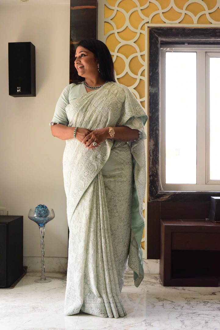 Dolly Jain in do-taar pastel chikankari saree