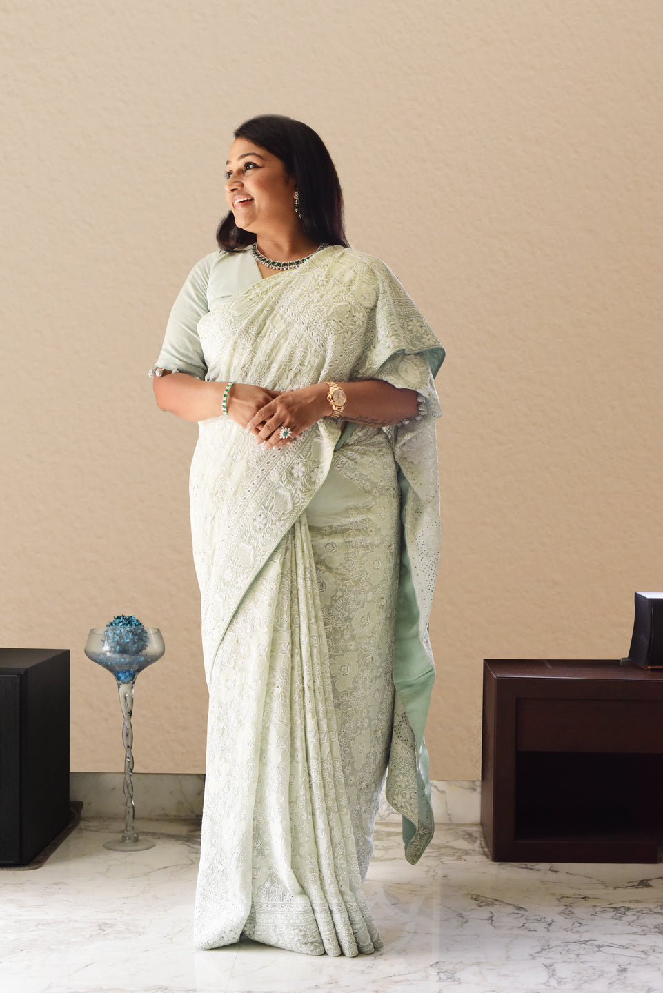 Dolly Jain in do-taar pastel chikankari saree