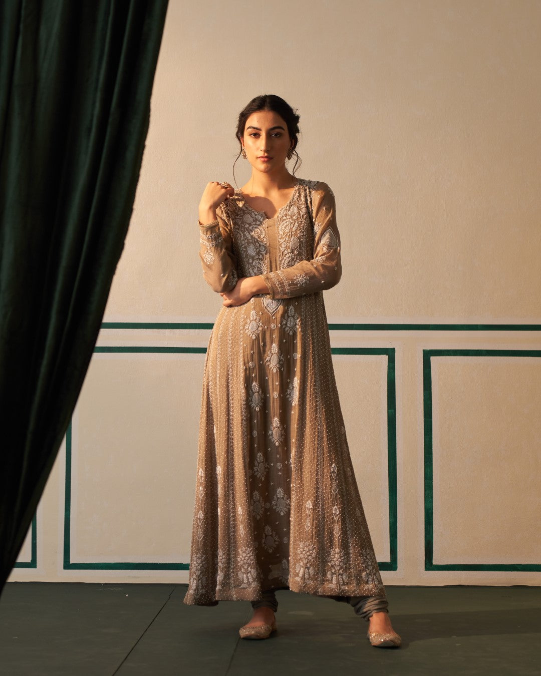 Grey Tissue Anarkali with heavy front and back pearl work and Chikankari
