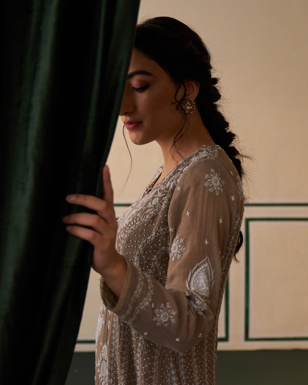 Grey Tissue Anarkali with heavy front and back pearl work and Chikankari