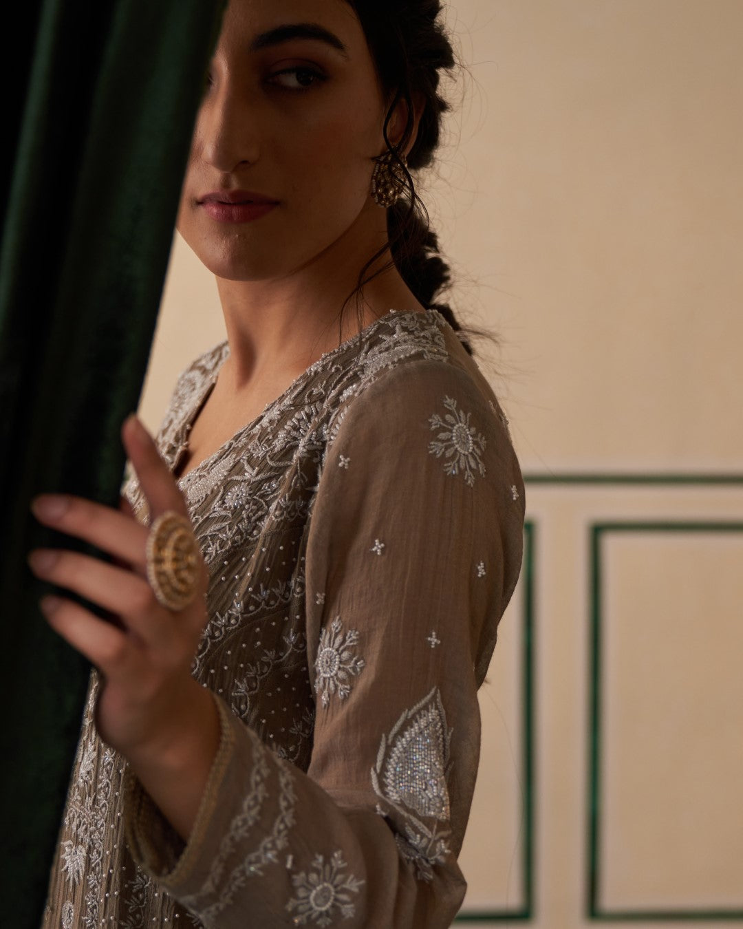 Grey Tissue Anarkali with heavy front and back pearl work and Chikankari