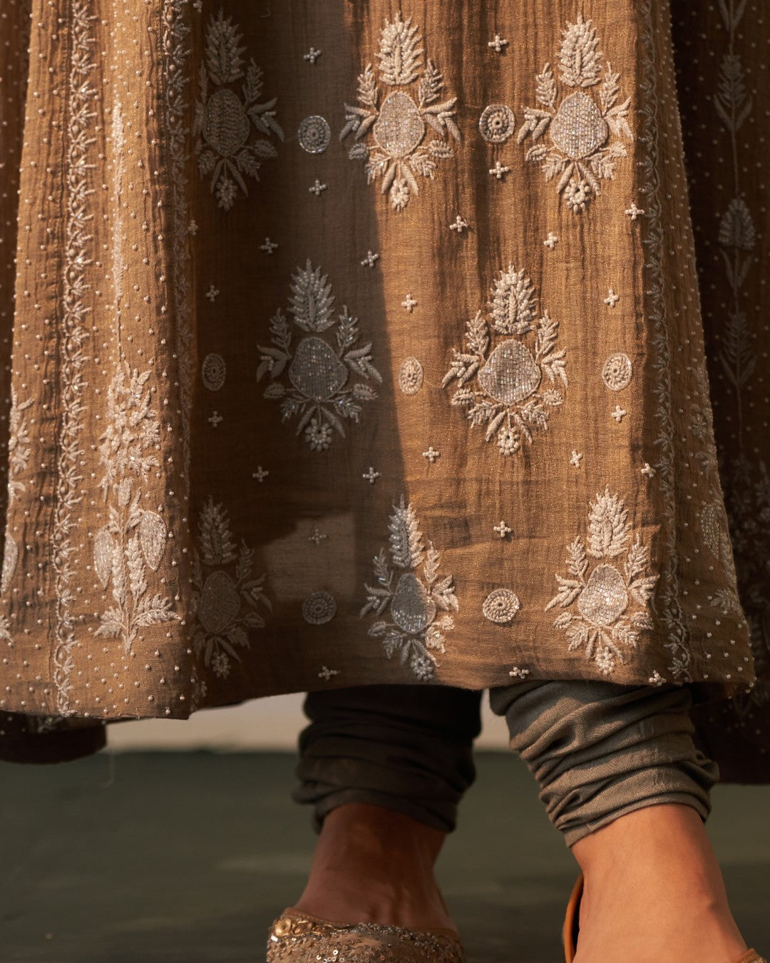 Grey Tissue Anarkali with heavy front and back pearl work and Chikankari