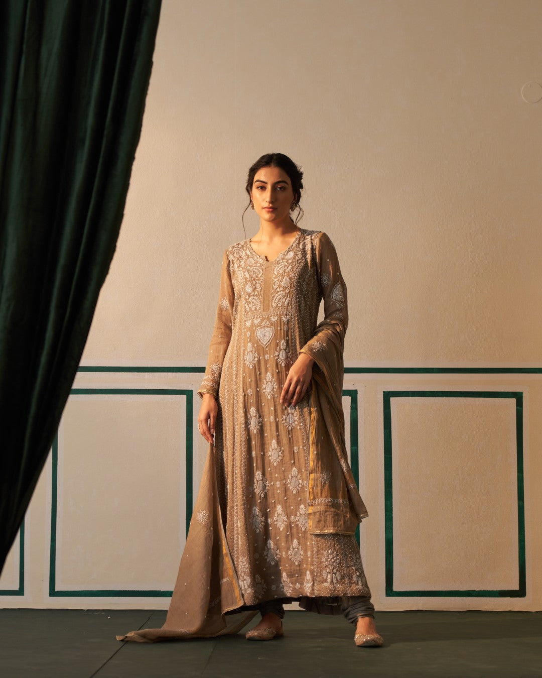 Grey Tissue Anarkali with heavy front and back pearl work and Chikankari
