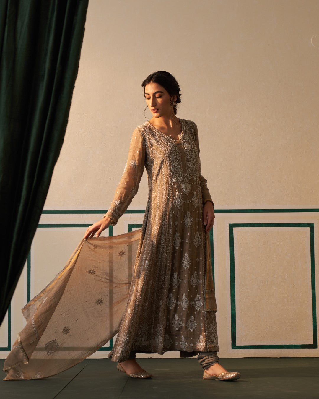 Grey Tissue Anarkali with heavy front and back pearl work and Chikankari