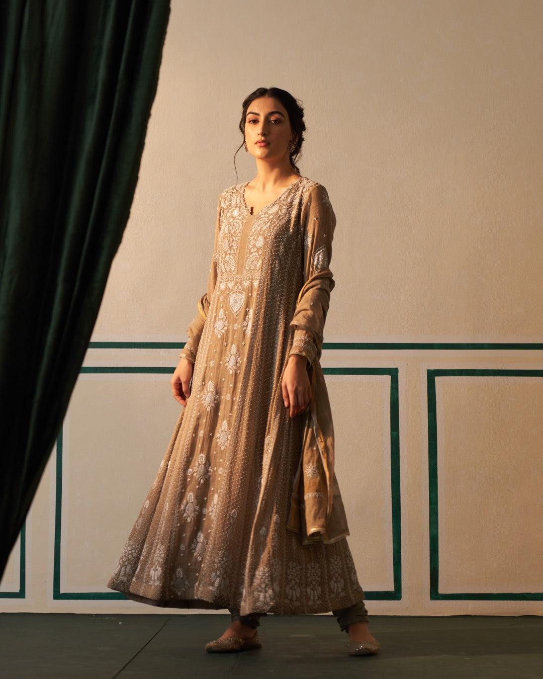 Grey Tissue Anarkali with heavy front and back pearl work and Chikankari
