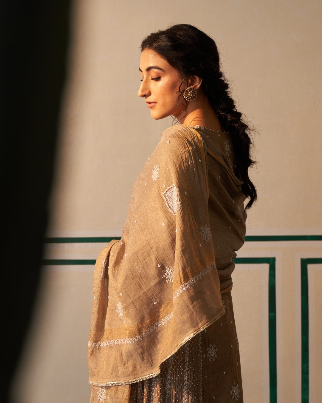 Grey Tissue Anarkali with heavy front and back pearl work and Chikankari