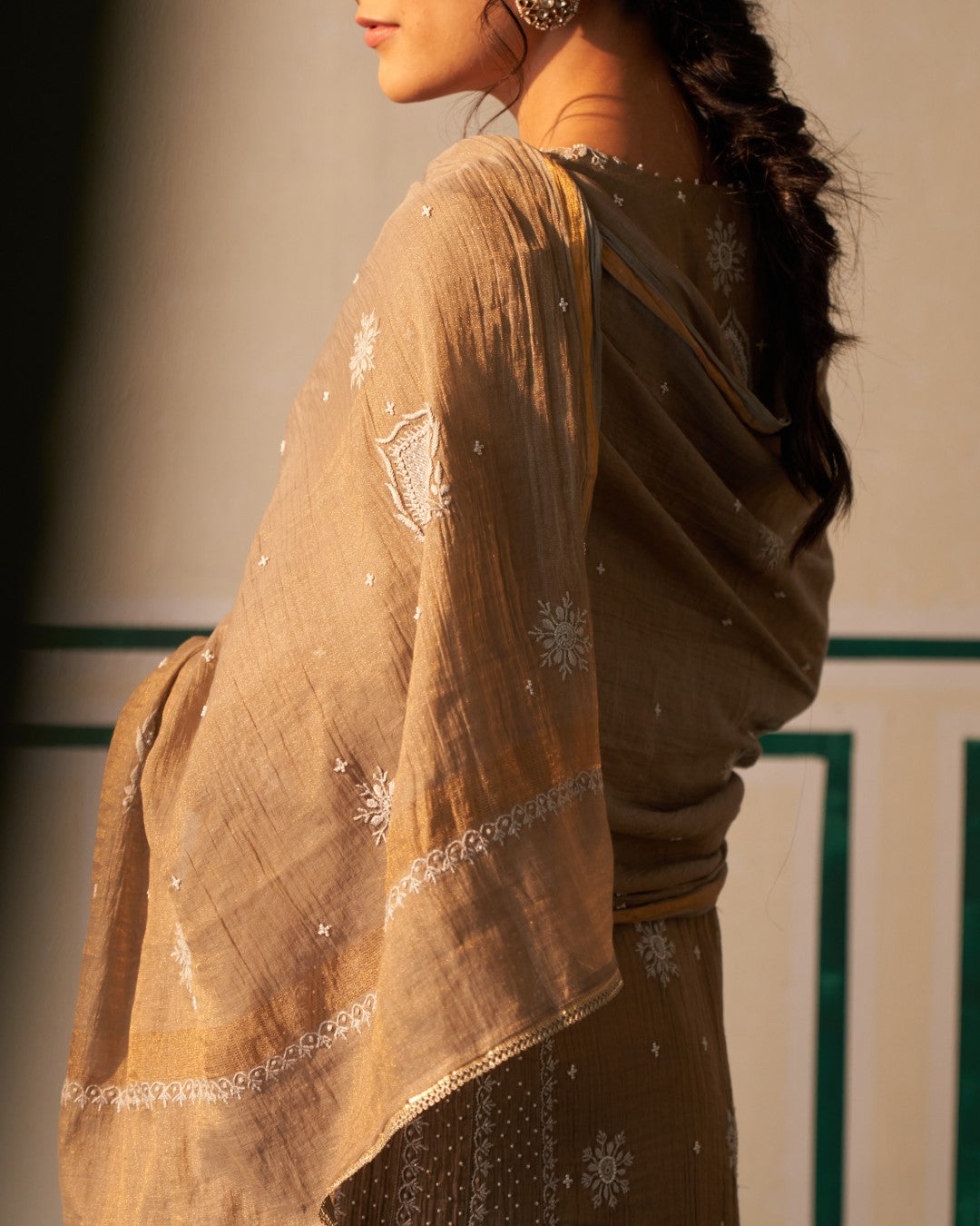 Grey Tissue Anarkali with heavy front and back pearl work and Chikankari