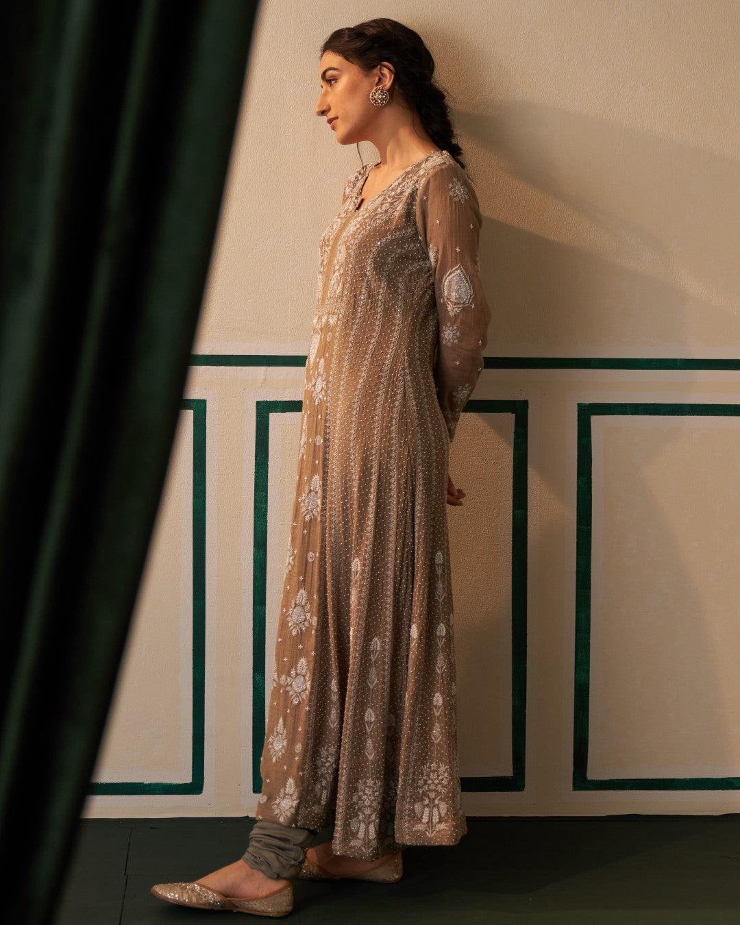 Grey Tissue Anarkali with heavy front and back pearl work and Chikankari