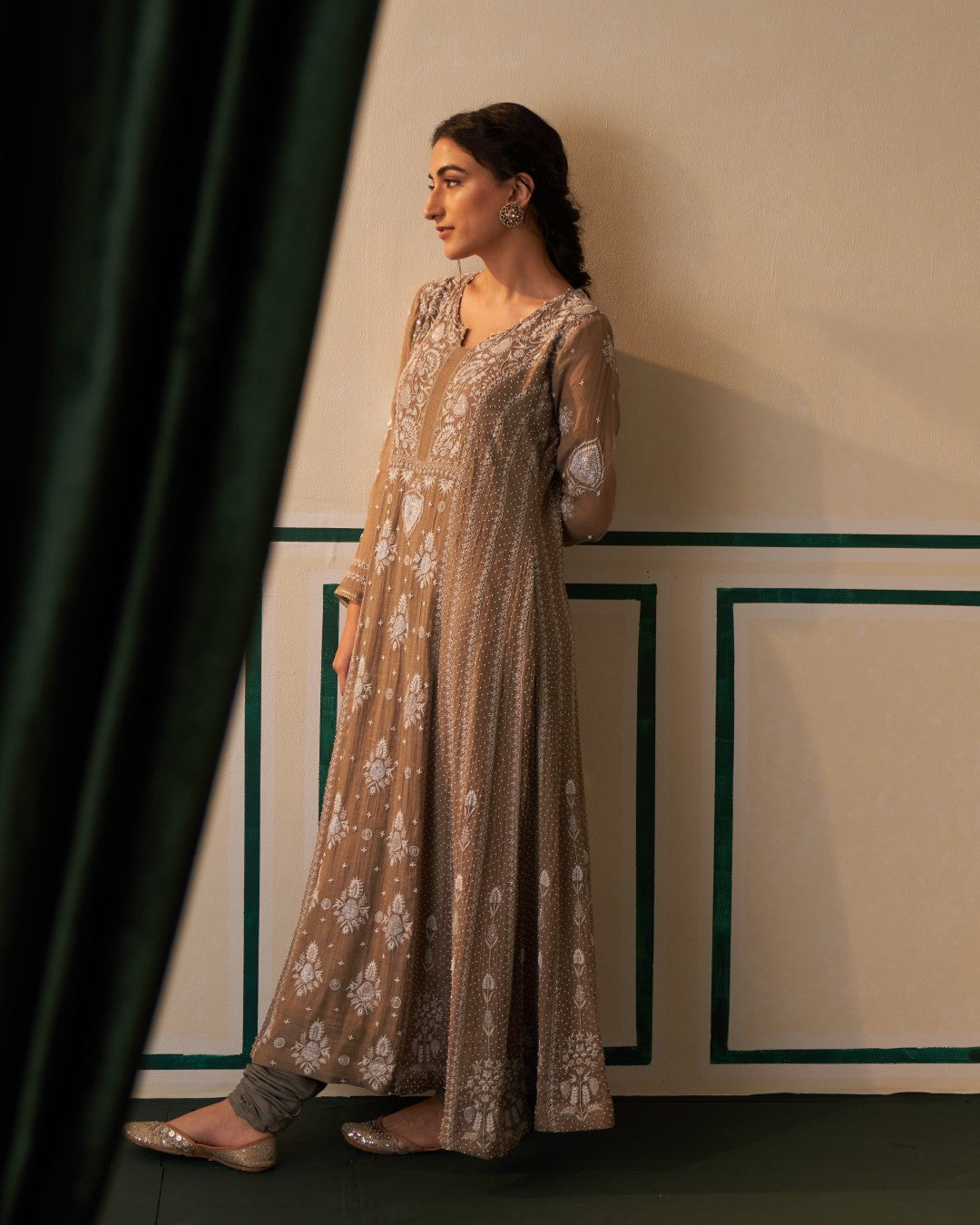 Grey Tissue Anarkali with heavy front and back pearl work and Chikankari