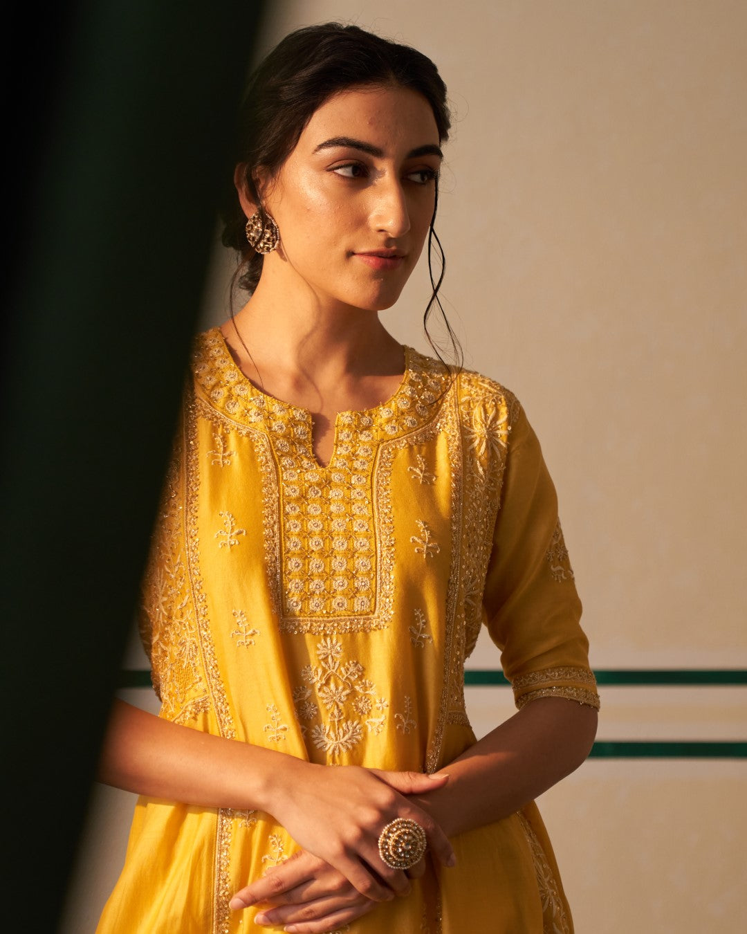 Mustard Chanderi Anarkali with heavy front and back work