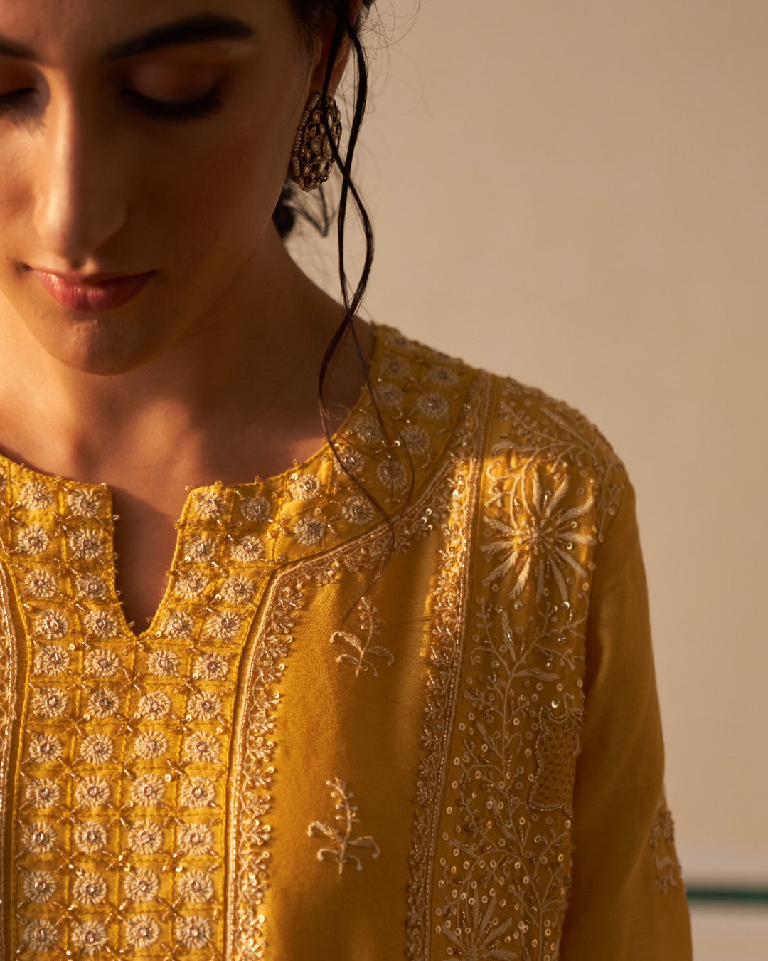 Mustard Chanderi Anarkali with heavy front and back work