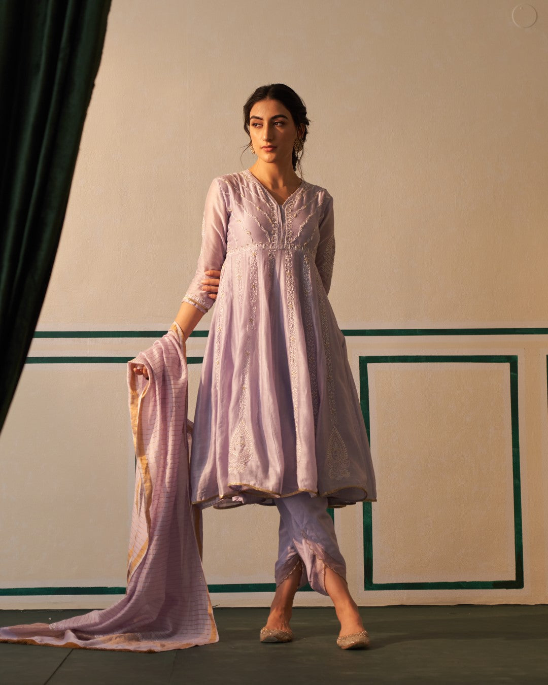 white christmas dresses Lavender Chanderi Short Anarkali with heavy front and back work