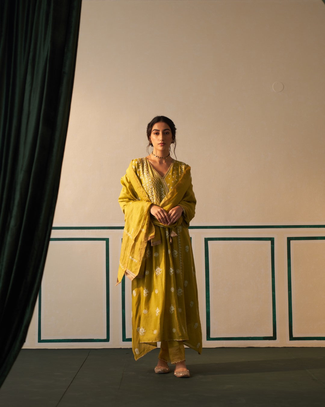 Lime Green Chanderi Silk Angarkha Anarkali with heavy front work