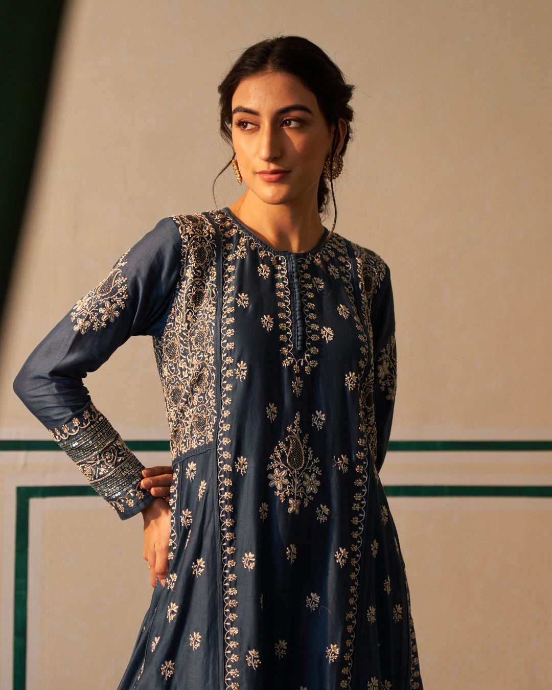 Cobalt Blue Chanderi Anarkali with heavy front and back jali work
