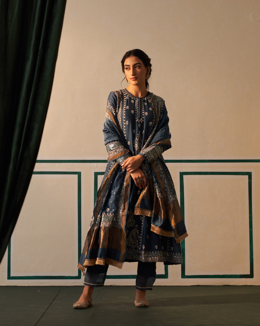 Cobalt Blue Chanderi Anarkali with heavy front and back jali work