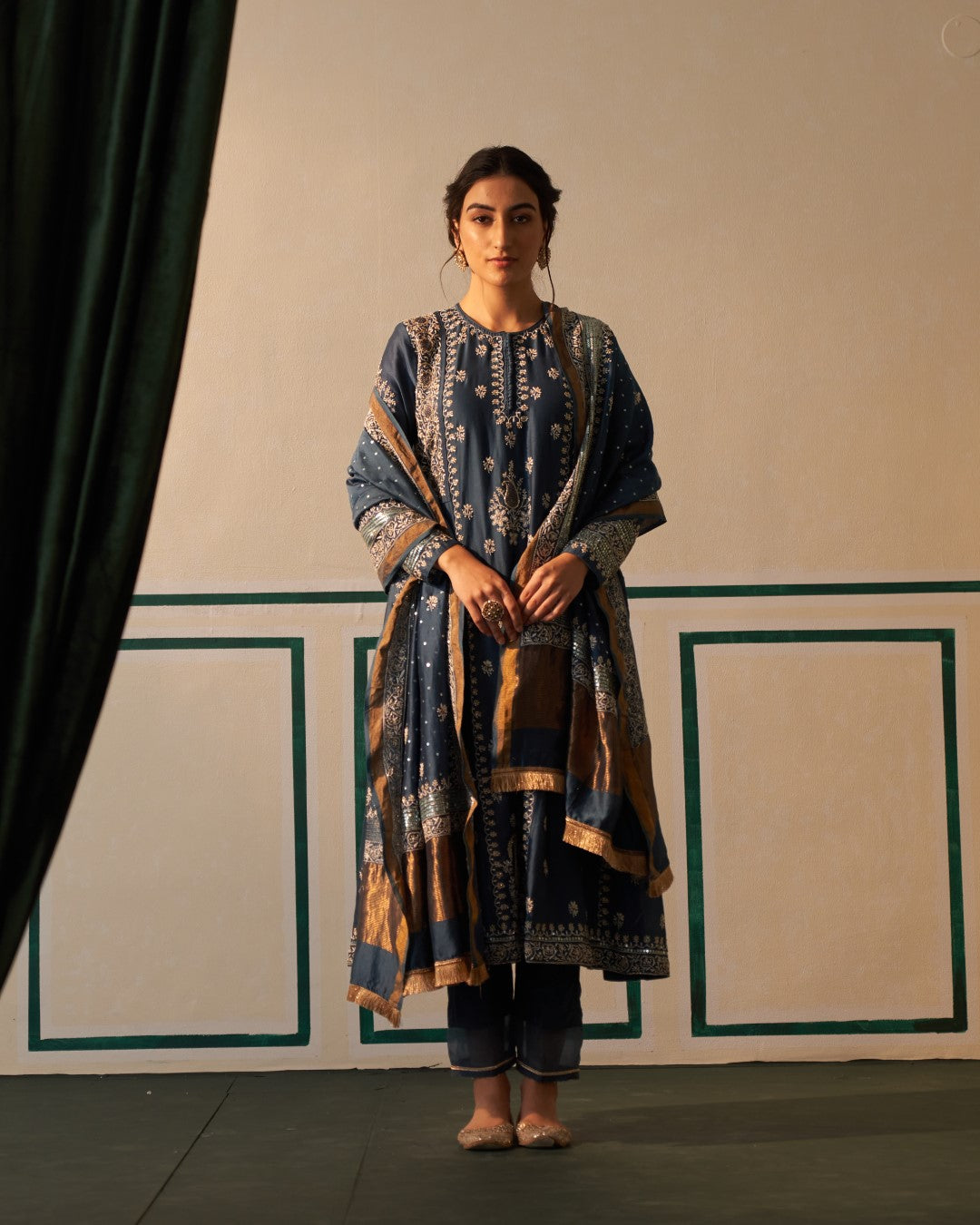 Cobalt Blue Chanderi Anarkali with heavy front and back jali work