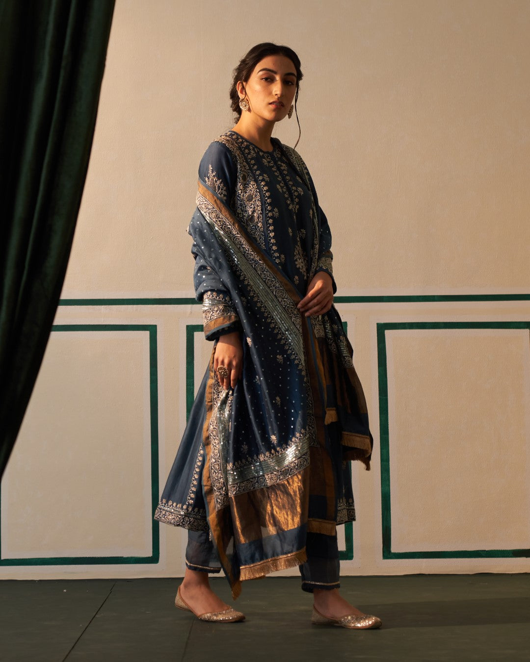 Cobalt Blue Chanderi Anarkali with heavy front and back jali work