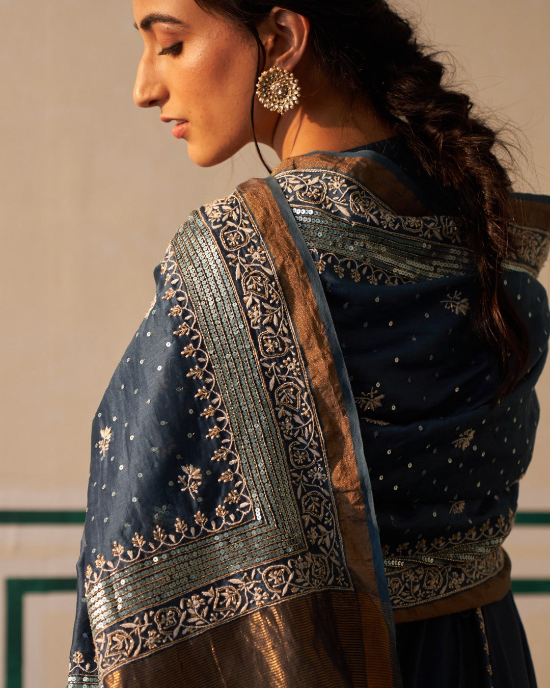Cobalt Blue Chanderi Anarkali with heavy front and back jali work