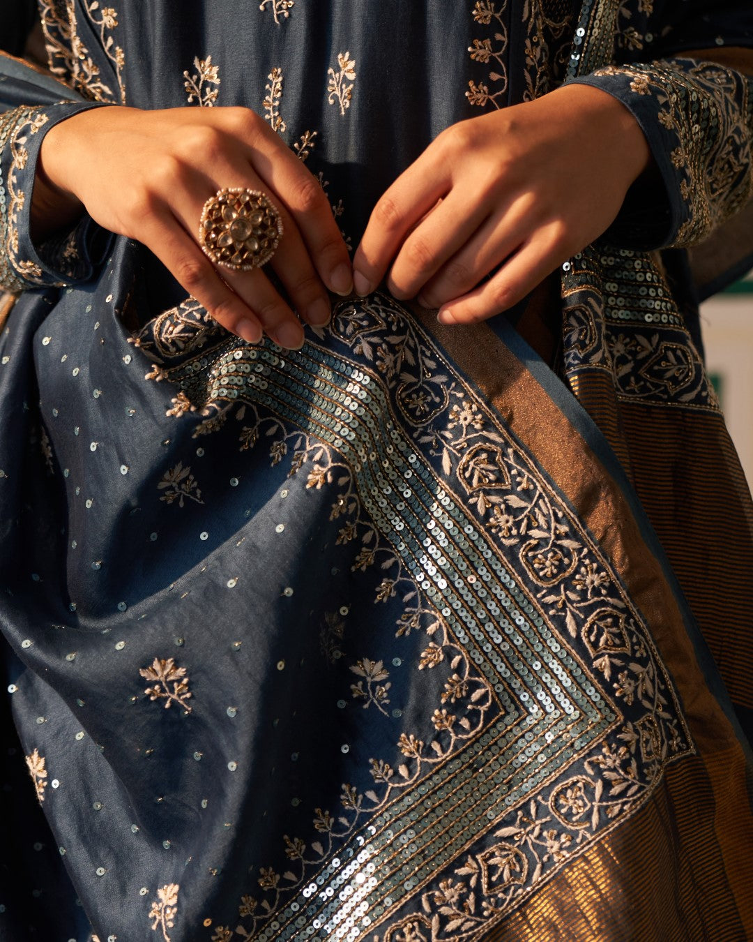 Cobalt Blue Chanderi Anarkali with heavy front and back jali work
