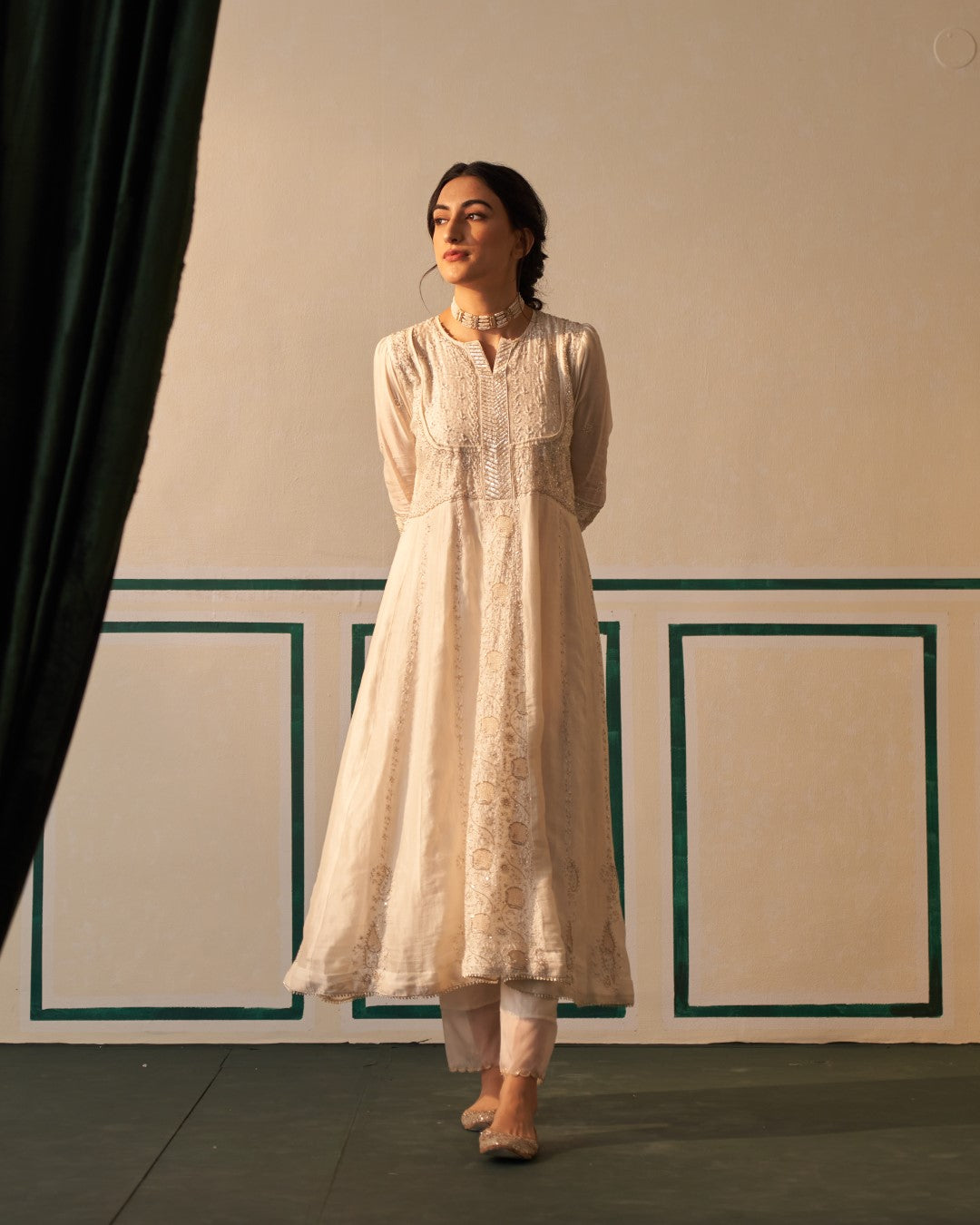 White Chanderi Anarkali Centre Panel with heavy front and back work