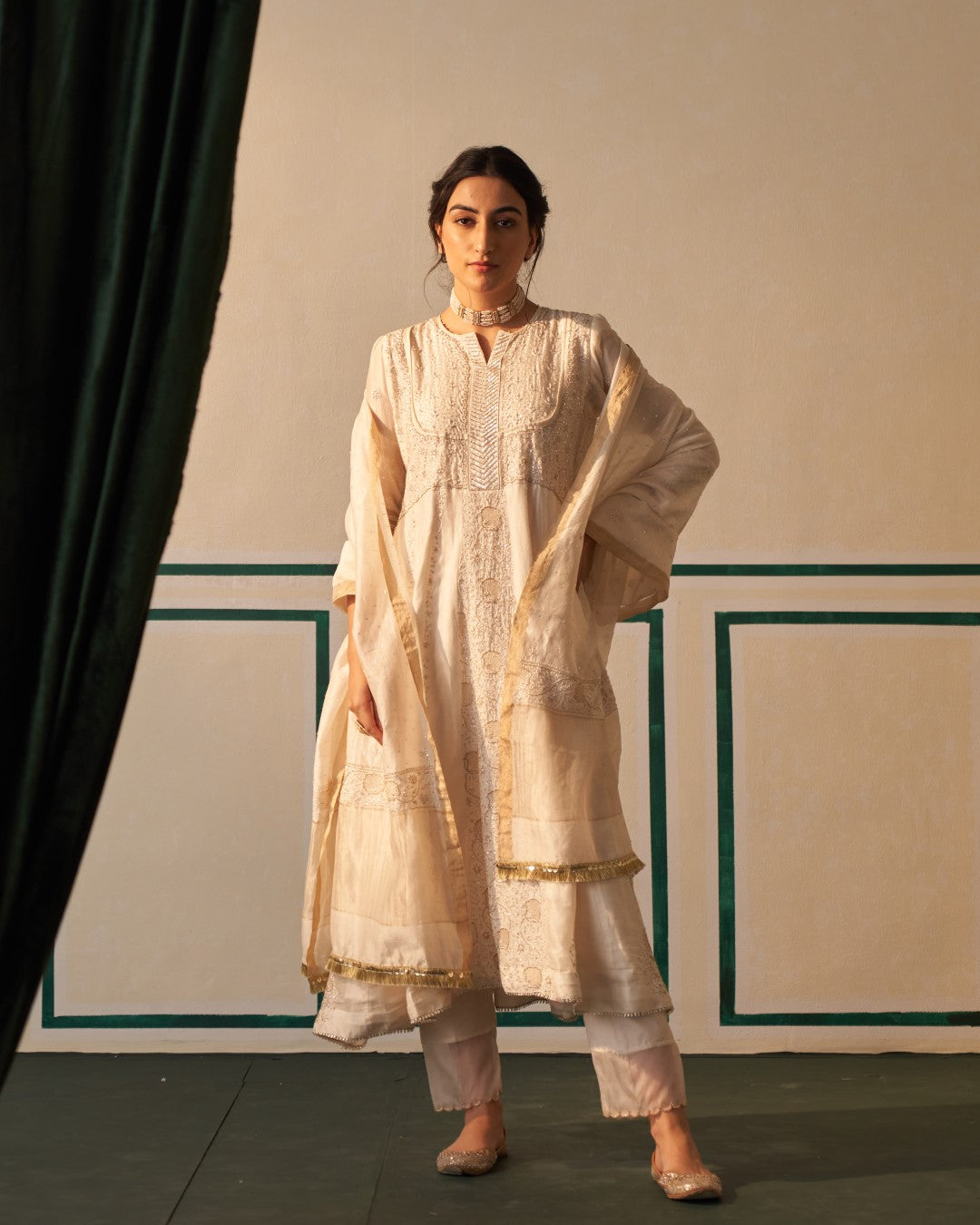 White Chanderi Anarkali Centre Panel with heavy front and back work