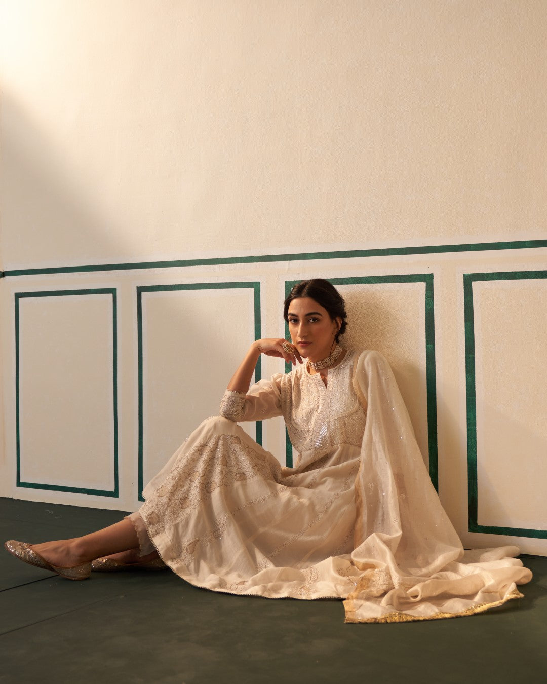 White Chanderi Anarkali Centre Panel with heavy front and back work