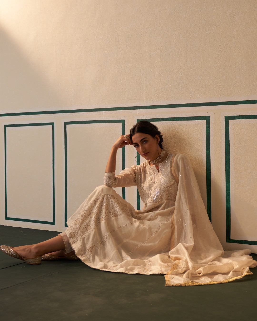 White Chanderi Anarkali Centre Panel with heavy front and back work