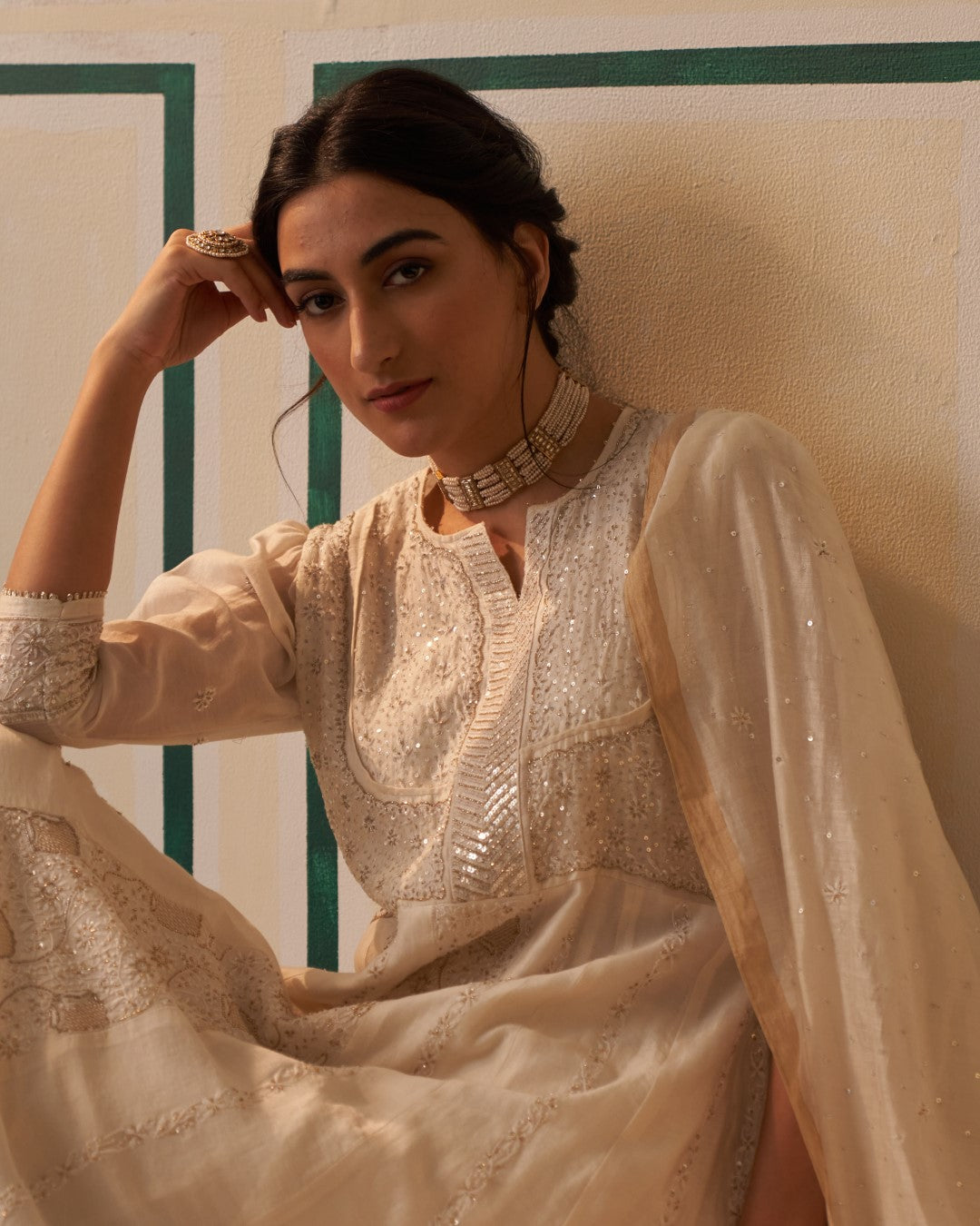 White Chanderi Anarkali Centre Panel with heavy front and back work