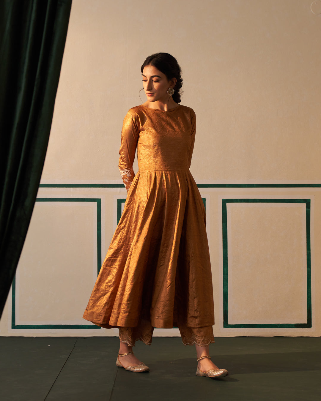 Masoom Minawala in Zari Tissue Copper Anarkali Set with Aari and Chikankari