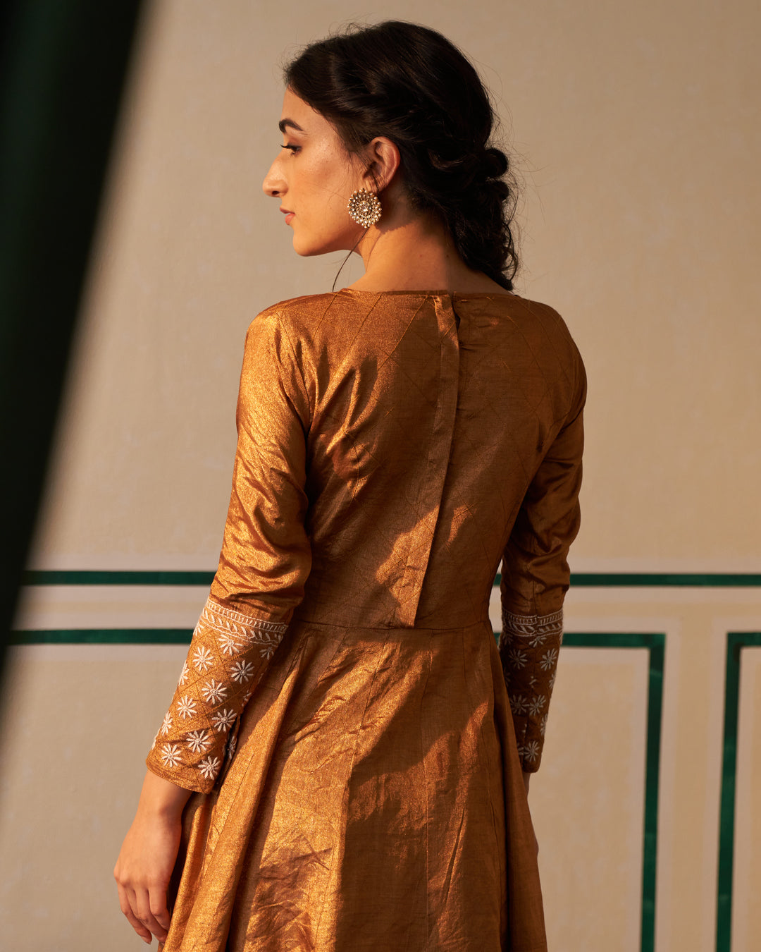 Masoom Minawala in Zari Tissue Copper Anarkali Set with Aari and Chikankari