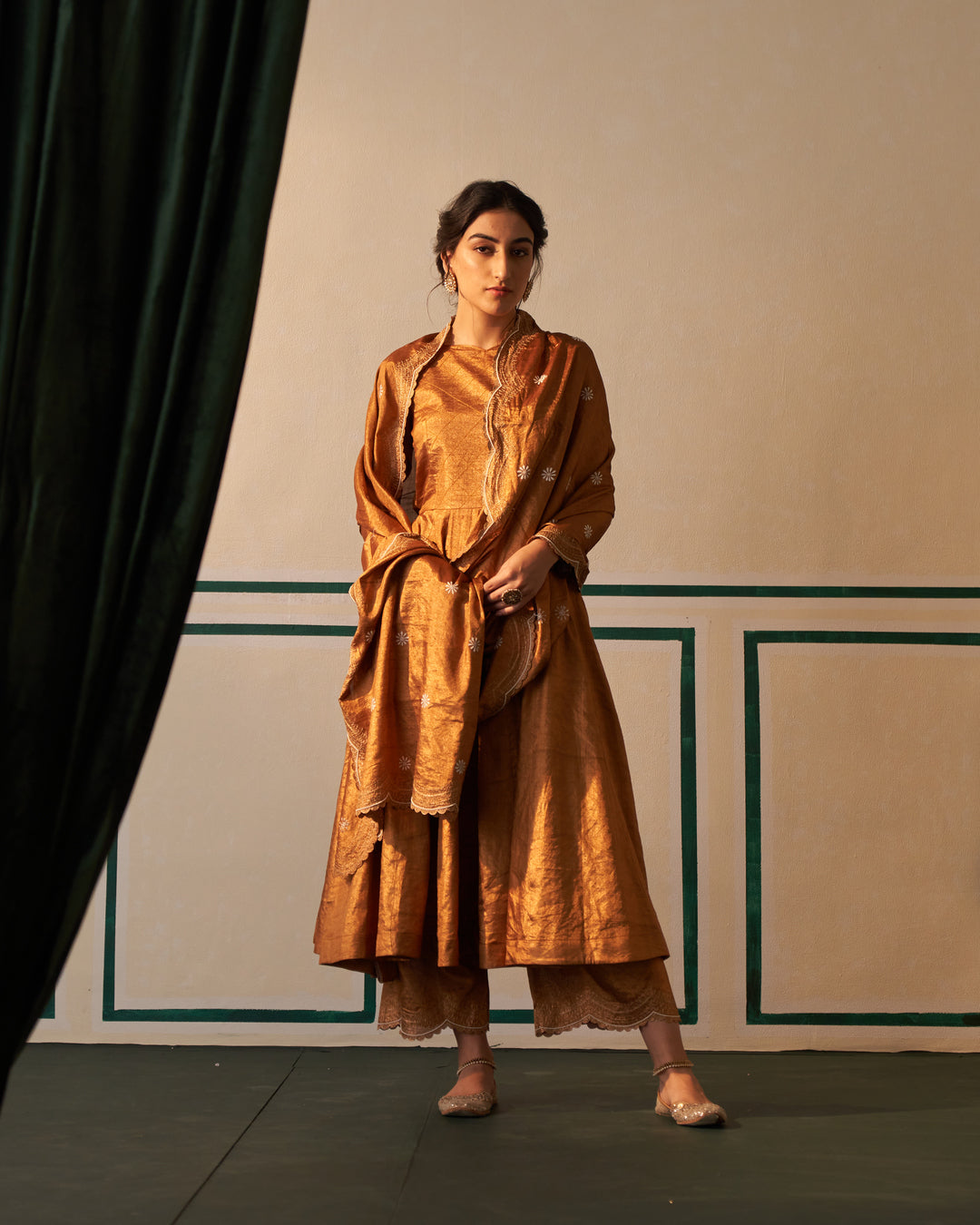 Masoom Minawala in Zari Tissue Copper Anarkali Set with Aari and Chikankari