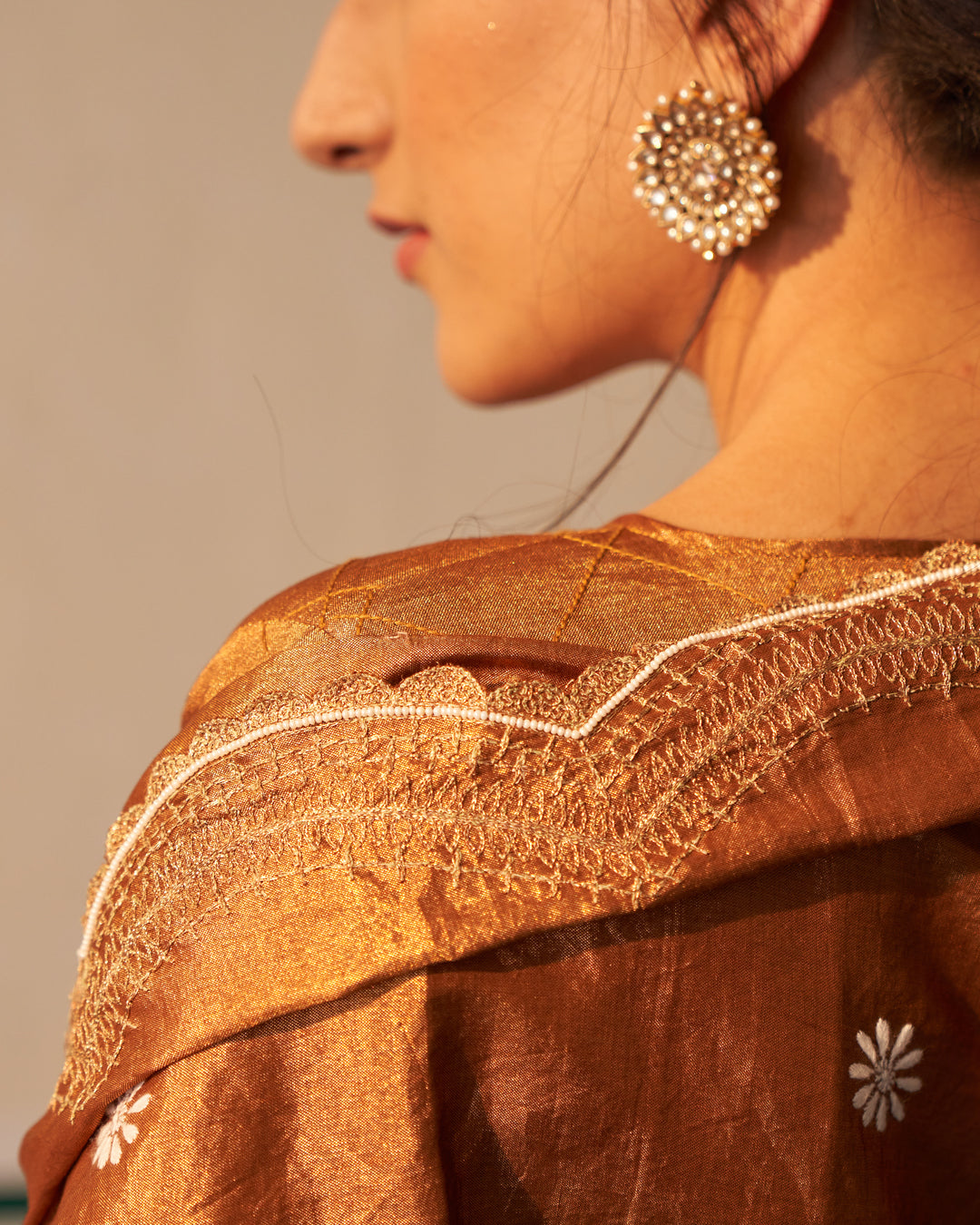 Masoom Minawala in Zari Tissue Copper Anarkali Set with Aari and Chikankari