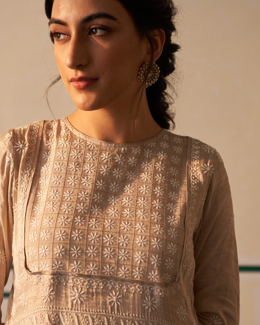 Silver Tissue Chanderi Anarkali with detailed chikankari work