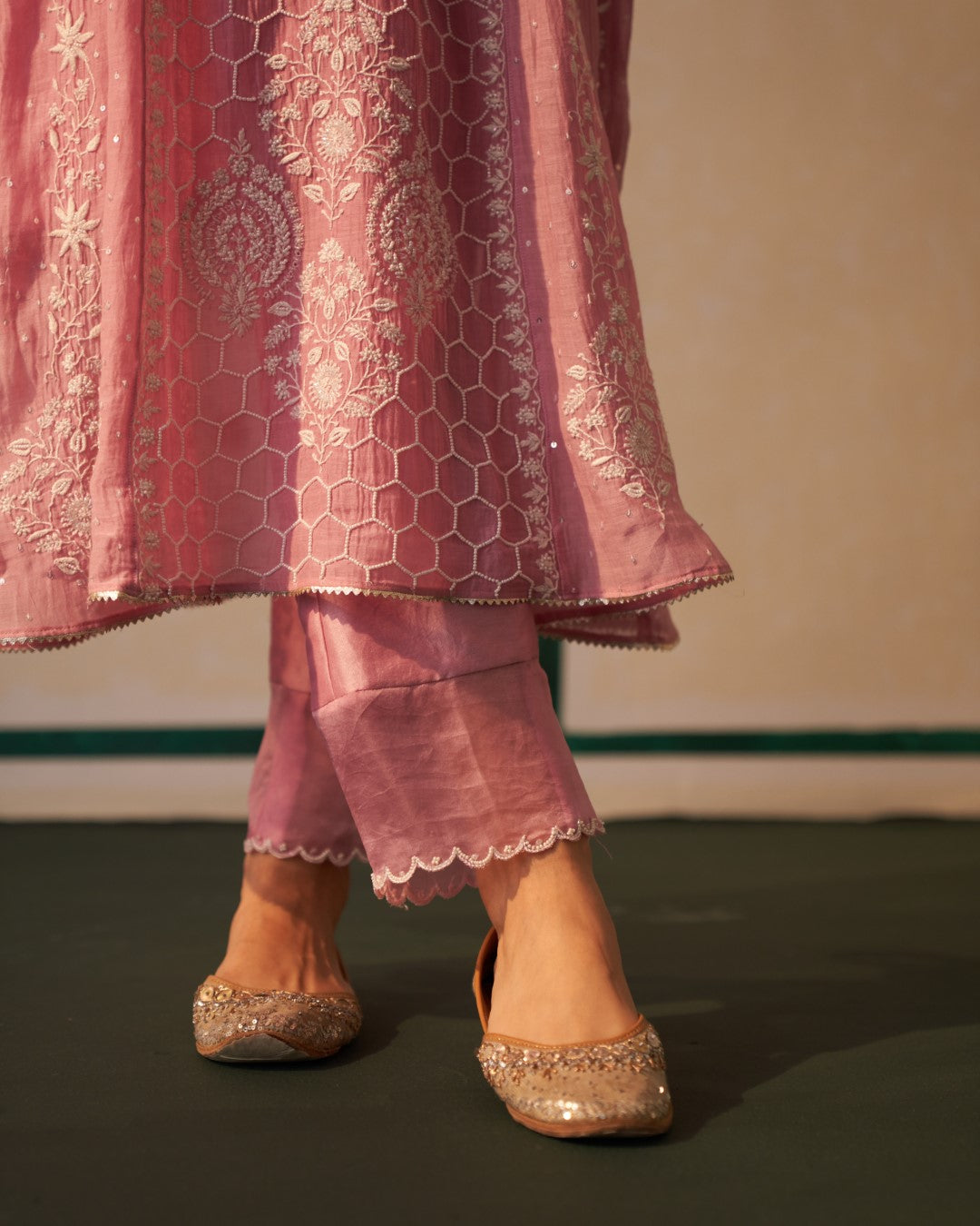 Pink Chanderi Honeycomb Anarkali with heavy front and back work