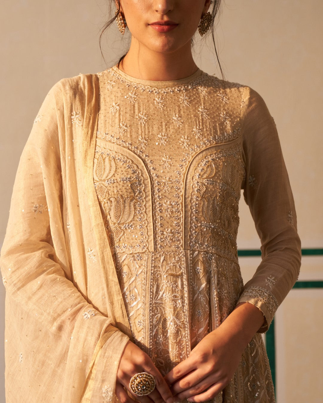 Gold Tissue Anarkali with all over embellishment