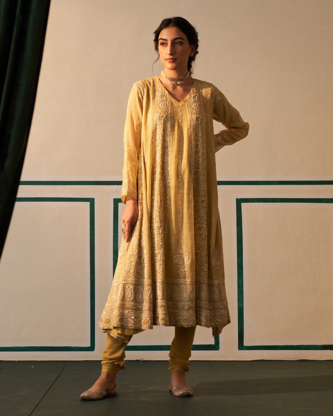 Lime Green Tissue Anarkali with heavy front and back work