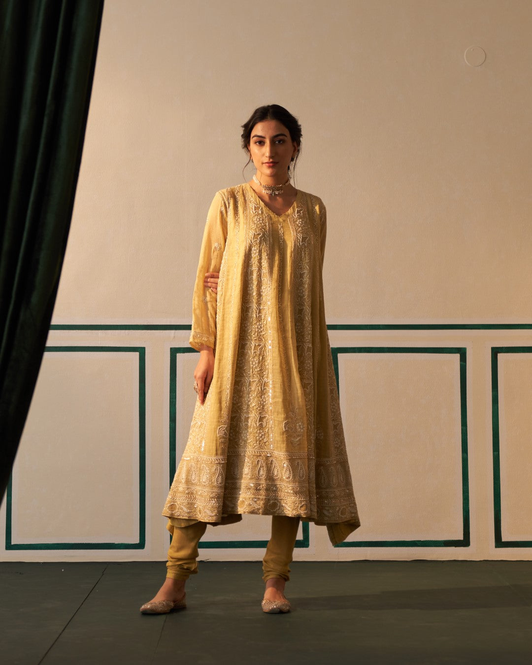 Lime Green Tissue Anarkali with heavy front and back work