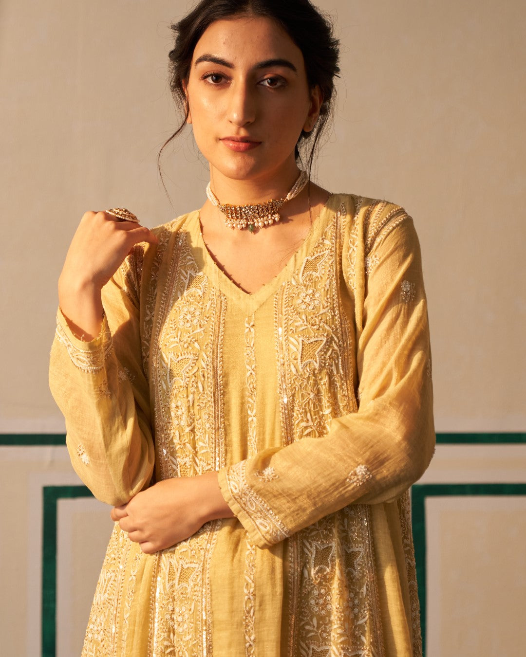 Lime Green Tissue Anarkali with heavy front and back work