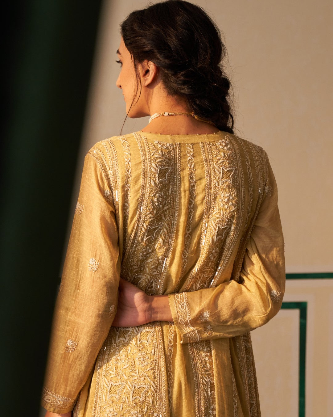 Lime Green Tissue Anarkali with heavy front and back work