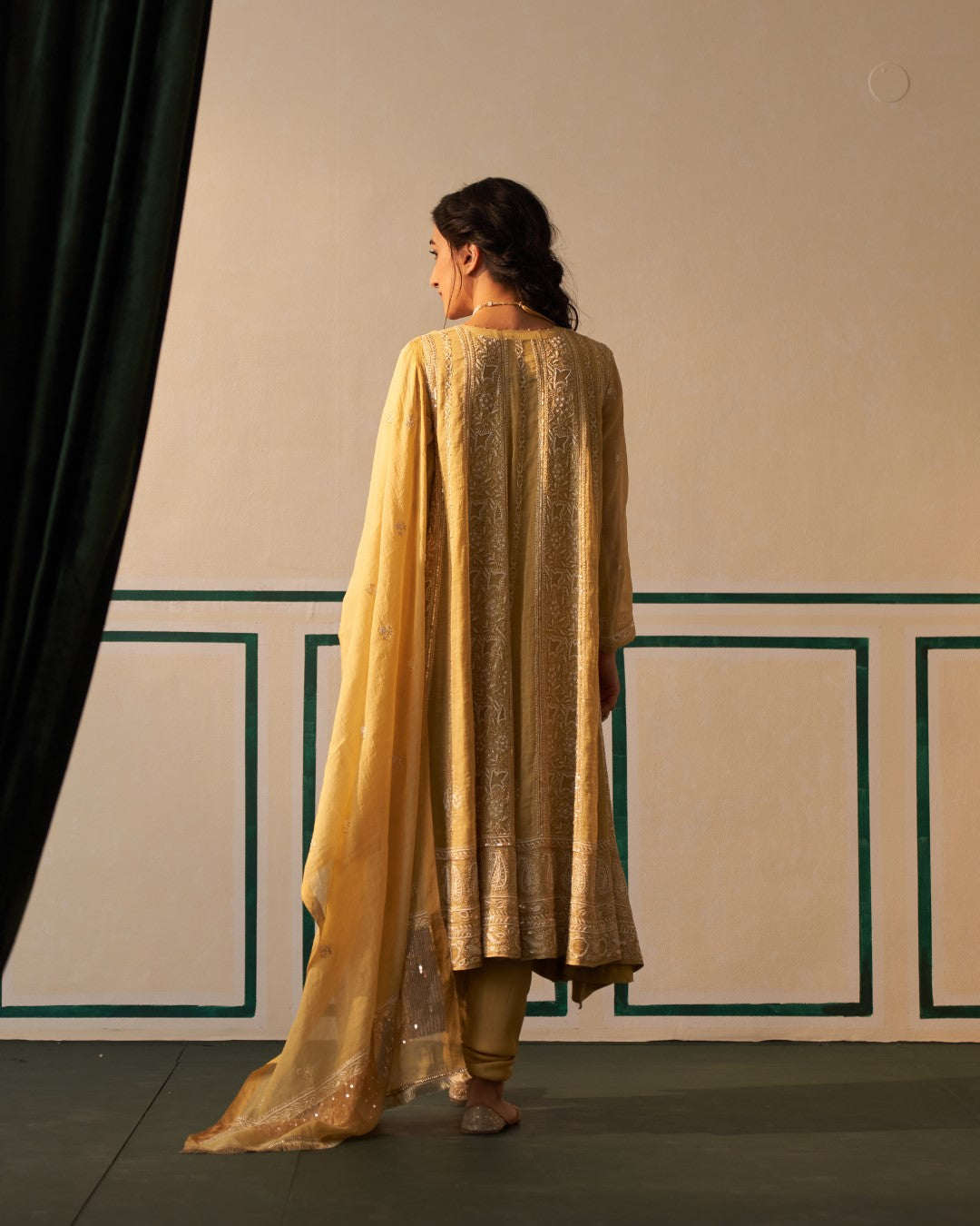Lime Green Tissue Anarkali with heavy front and back work