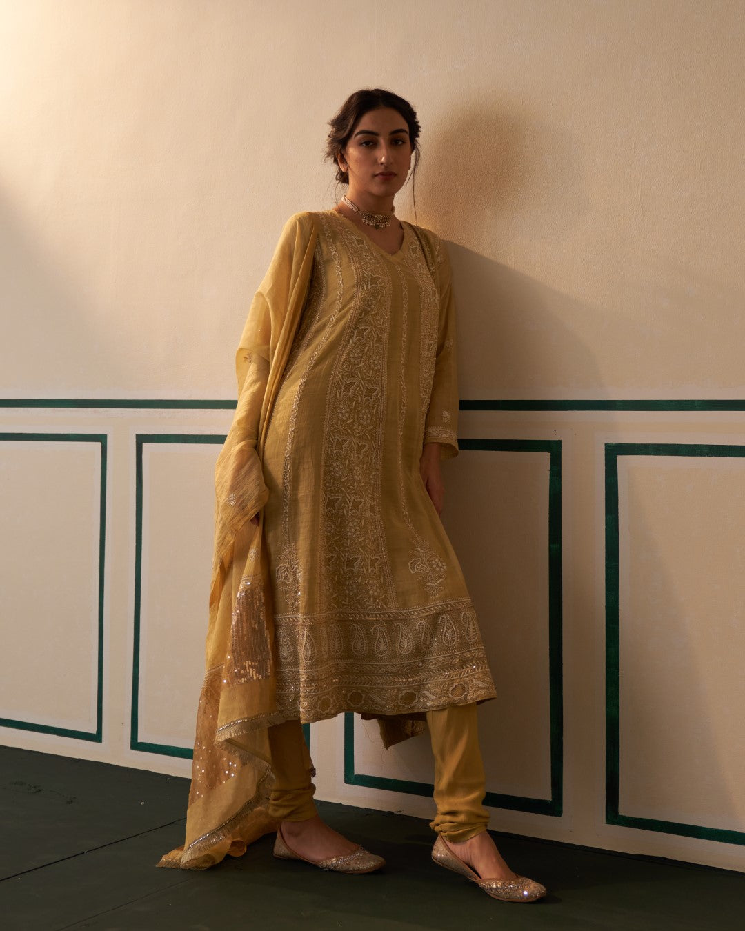 Lime Green Tissue Anarkali with heavy front and back work