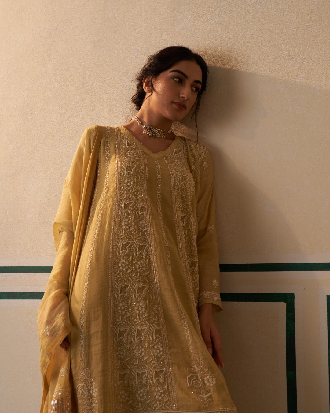 Lime Green Tissue Anarkali with heavy front and back work