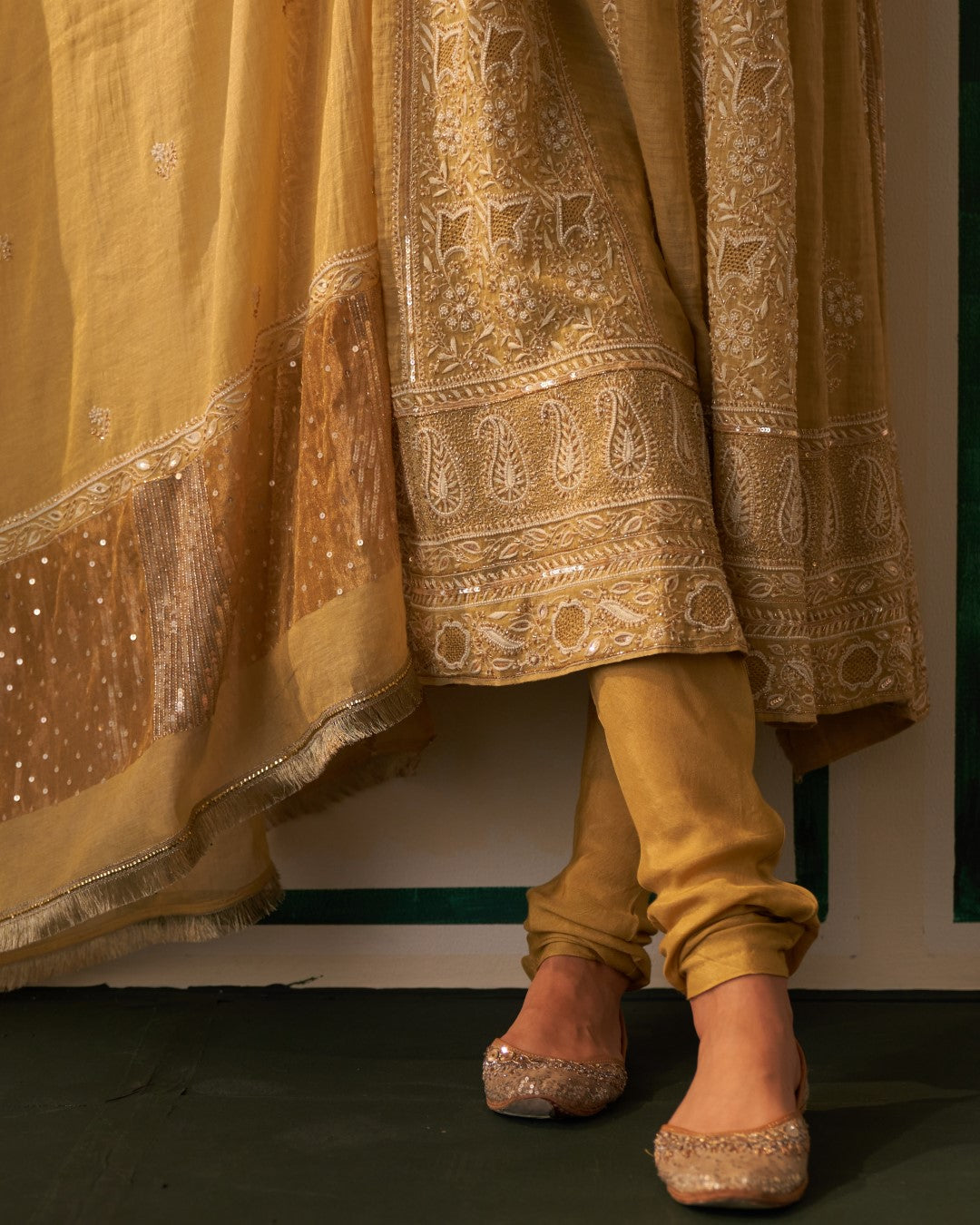 Lime Green Tissue Anarkali with heavy front and back work