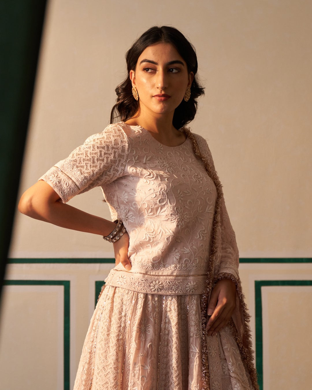 Pink chikankari and mukaish lehenga set