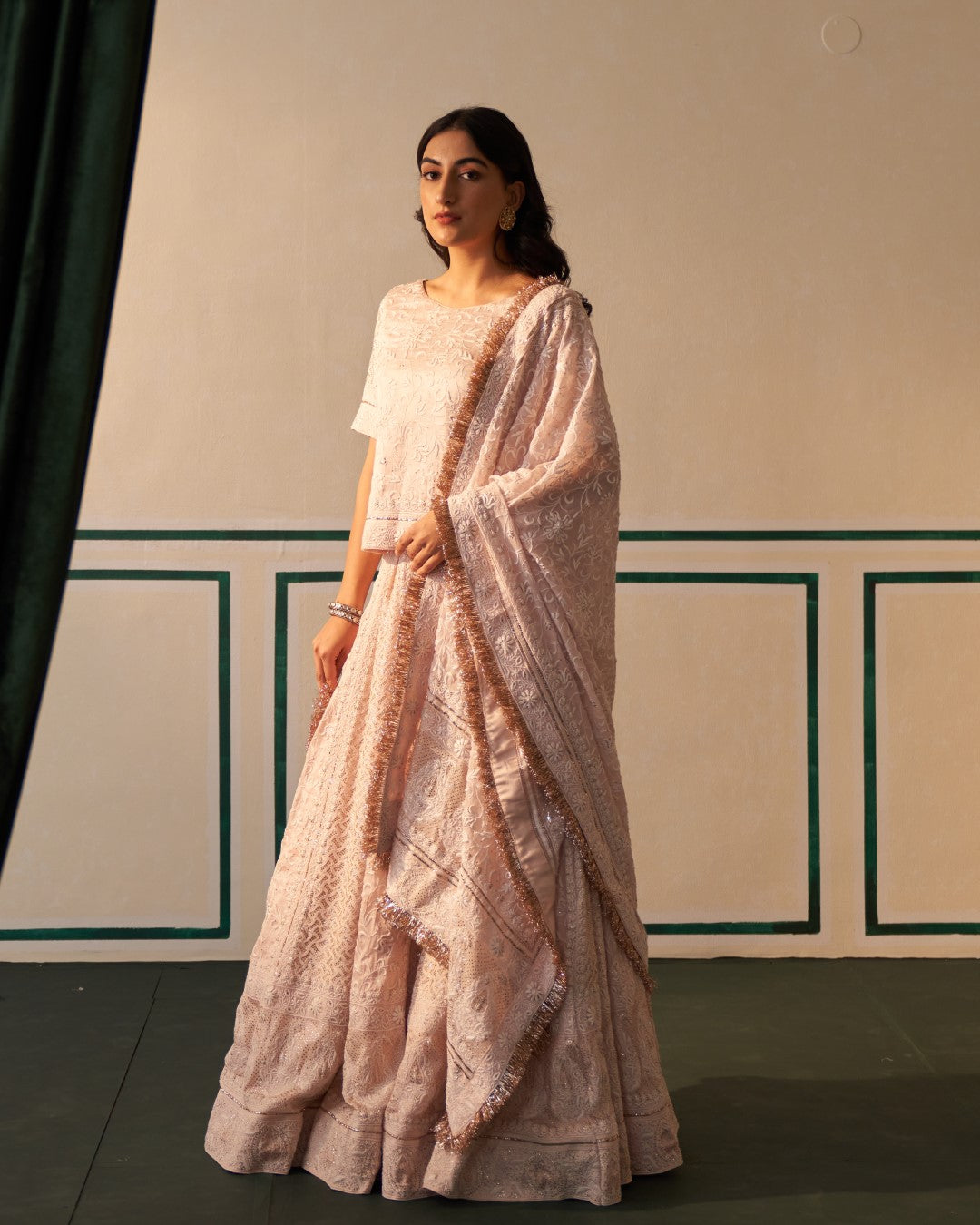 Pink chikankari and mukaish lehenga set