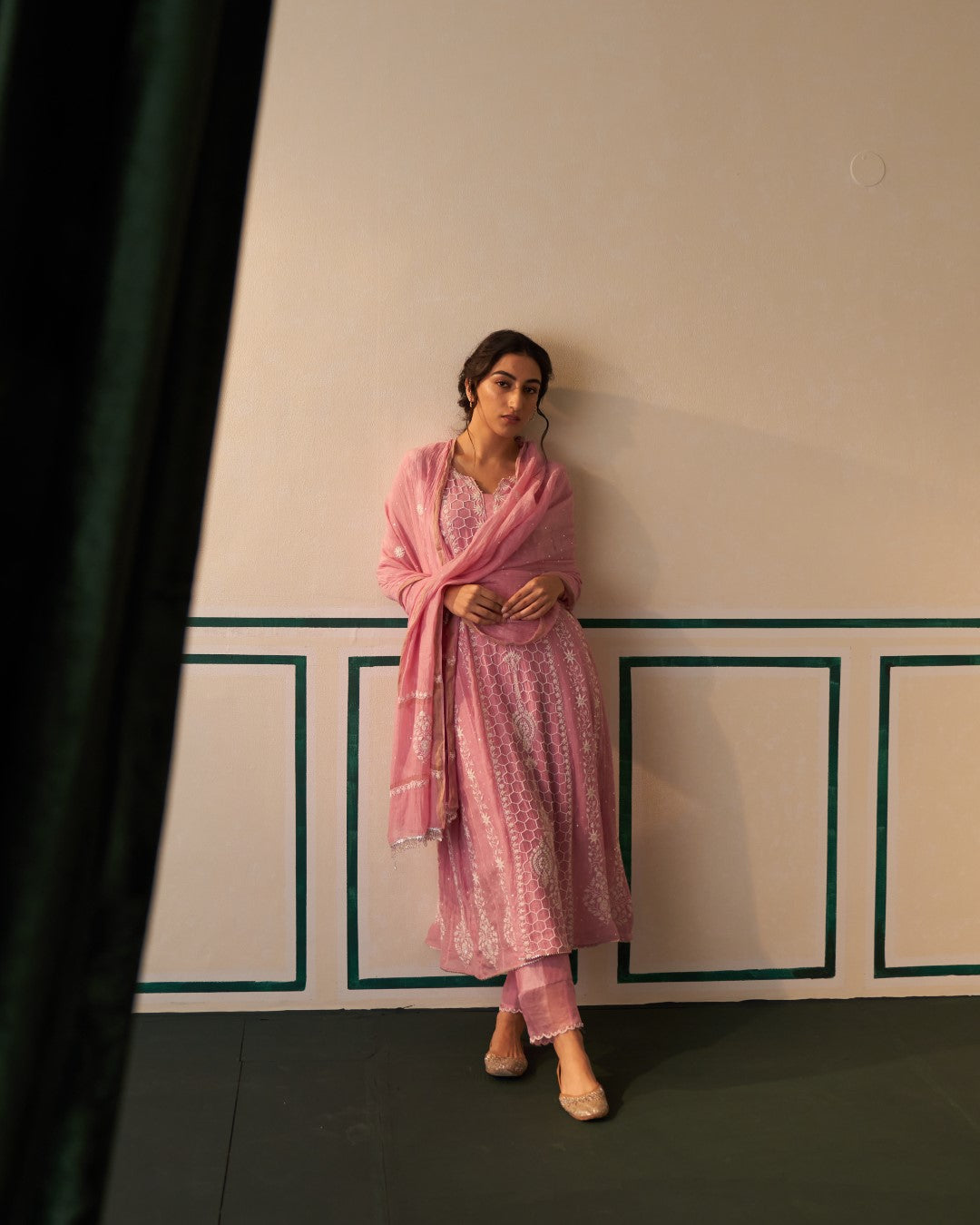 Pink Chanderi Honeycomb Anarkali with heavy front and back work