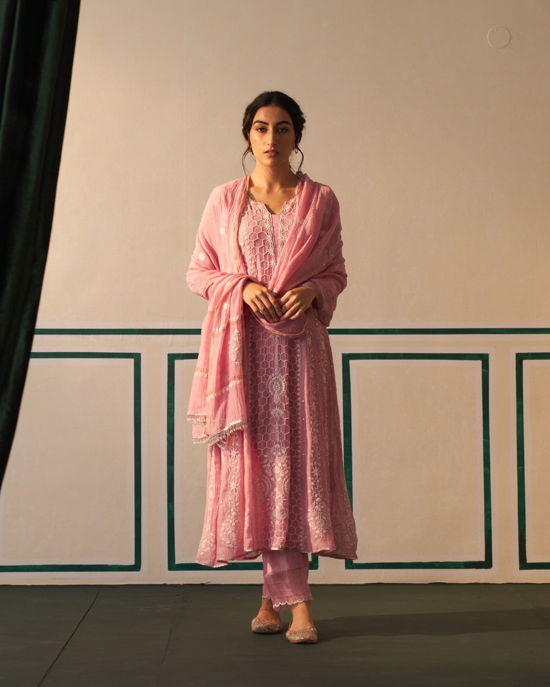 Pink Chanderi Honeycomb Anarkali with heavy front and back work