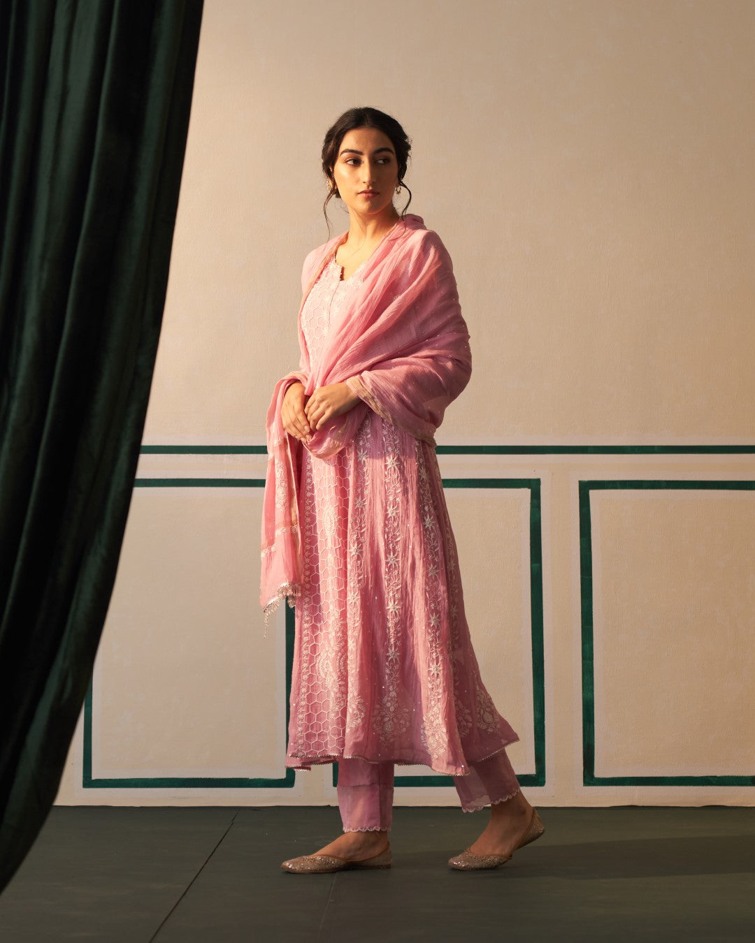 Pink Chanderi Honeycomb Anarkali with heavy front and back work
