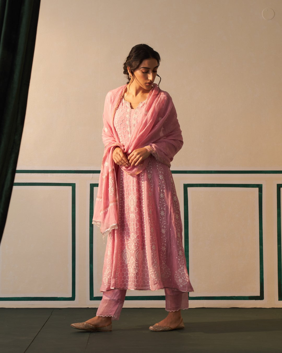 Pink Chanderi Honeycomb Anarkali with heavy front and back work
